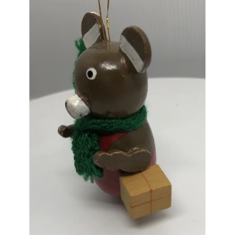 Vintage Wooden Hand Painted Bear Ornament Green Knitted Scarf 2.5